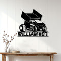 Sprint car racing metal sign displayed on a bright paneled wall above a rustic console