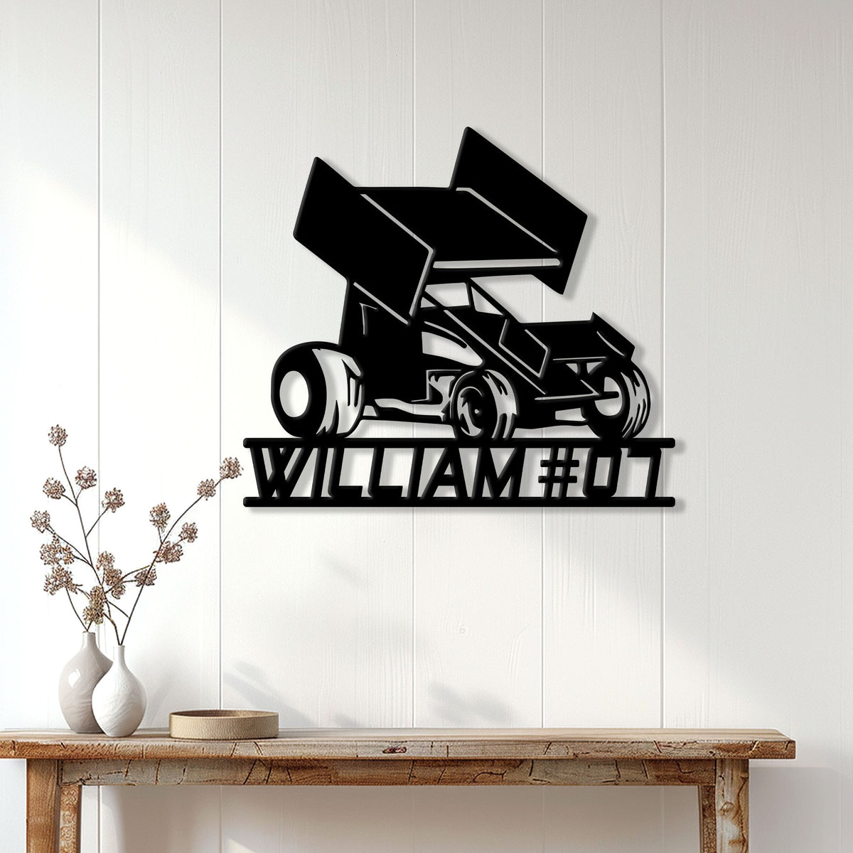 Sprint car racing metal sign displayed on a bright paneled wall above a rustic console