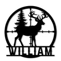 Black metal hunting sign featuring an antlered deer silhouette, pine tree, and rustic circular frame