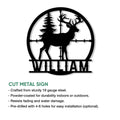 Deer hunting metal sign shown with product feature information and a bold antlered buck silhouette