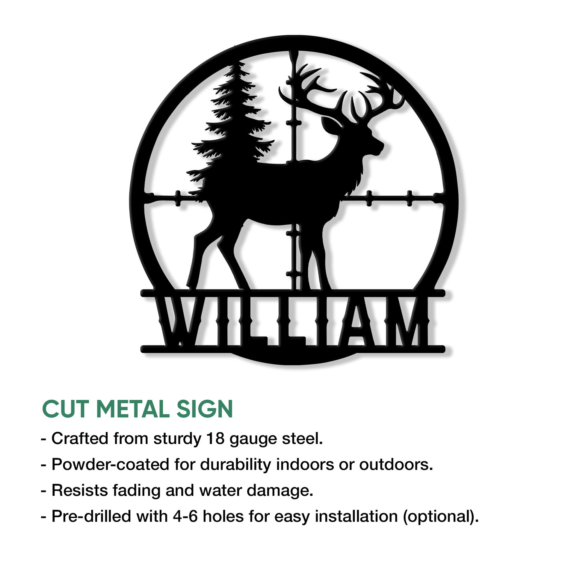Deer hunting metal sign shown with product feature information and a bold antlered buck silhouette