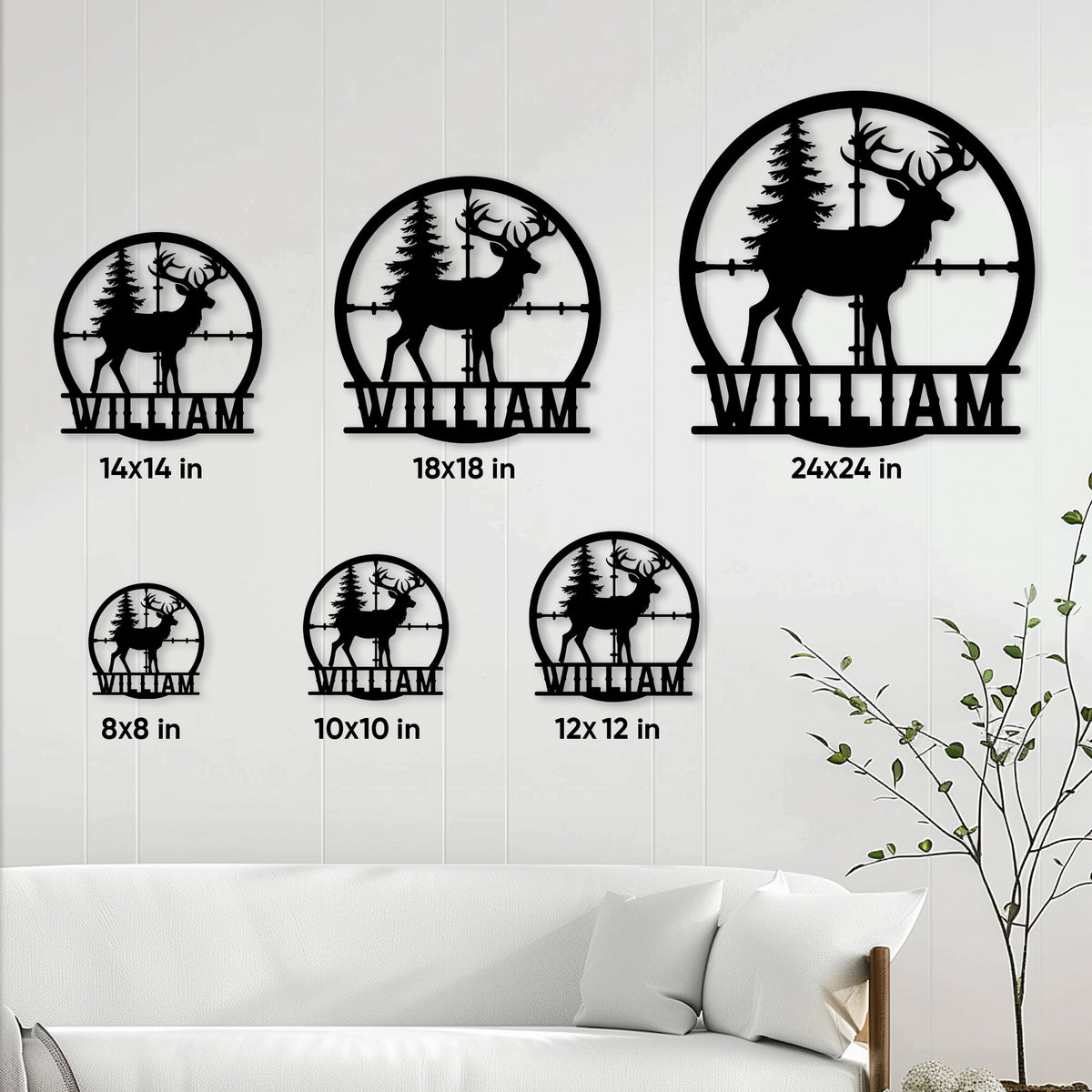 Deer hunting metal sign size guide showing six available square dimensions from 8 by 8 to 24 by 24 inches