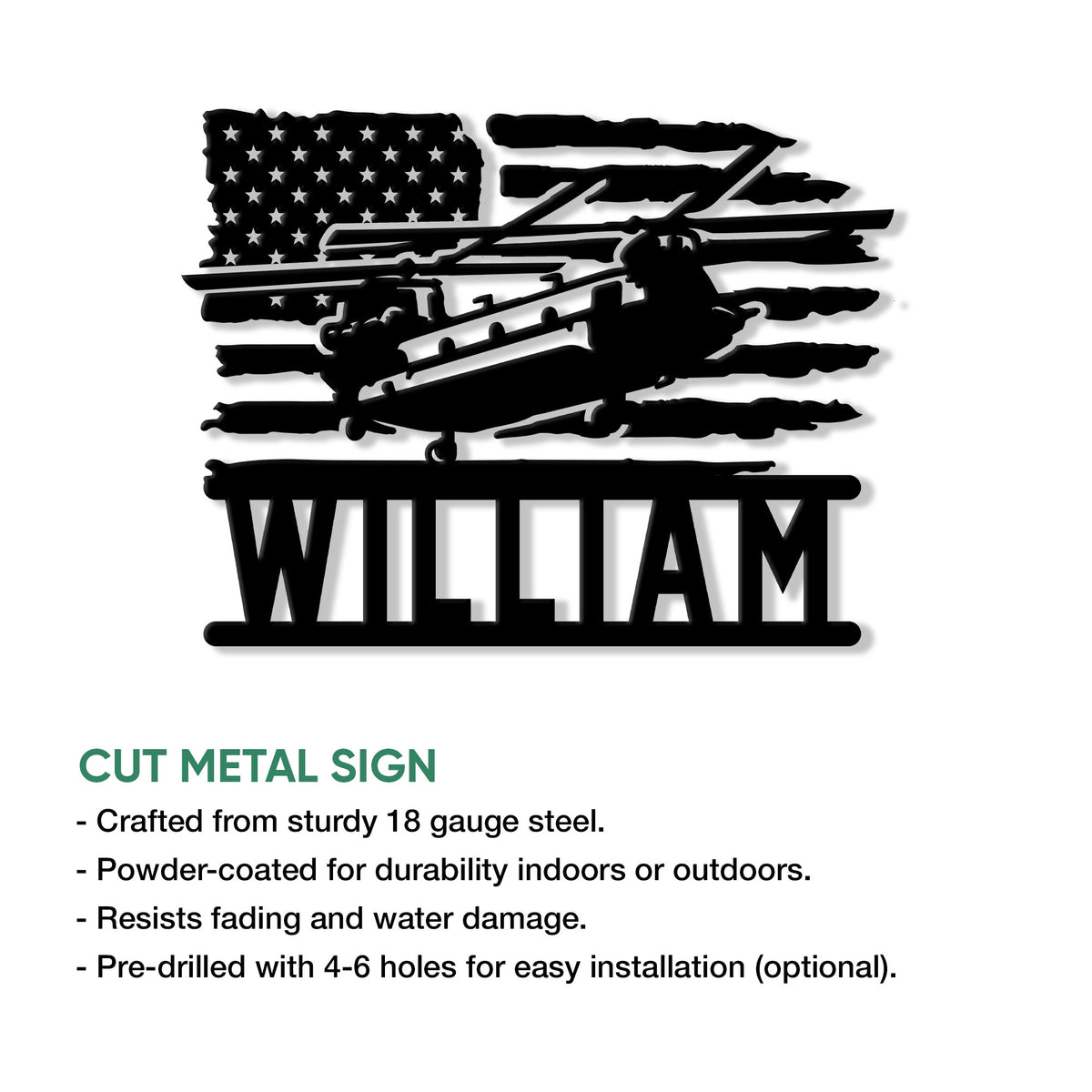 Veteran metal sign product graphic showing a military aircraft silhouette over a patriotic American flag