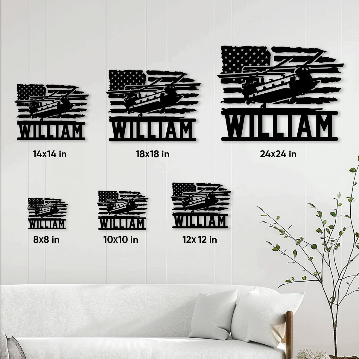 Veteran military aircraft metal sign size guide showing available dimensions from 8 by 8 to 24 by 24 inches