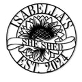 Round She Shed metal sign featuring a detailed sunflower and decorative banner design