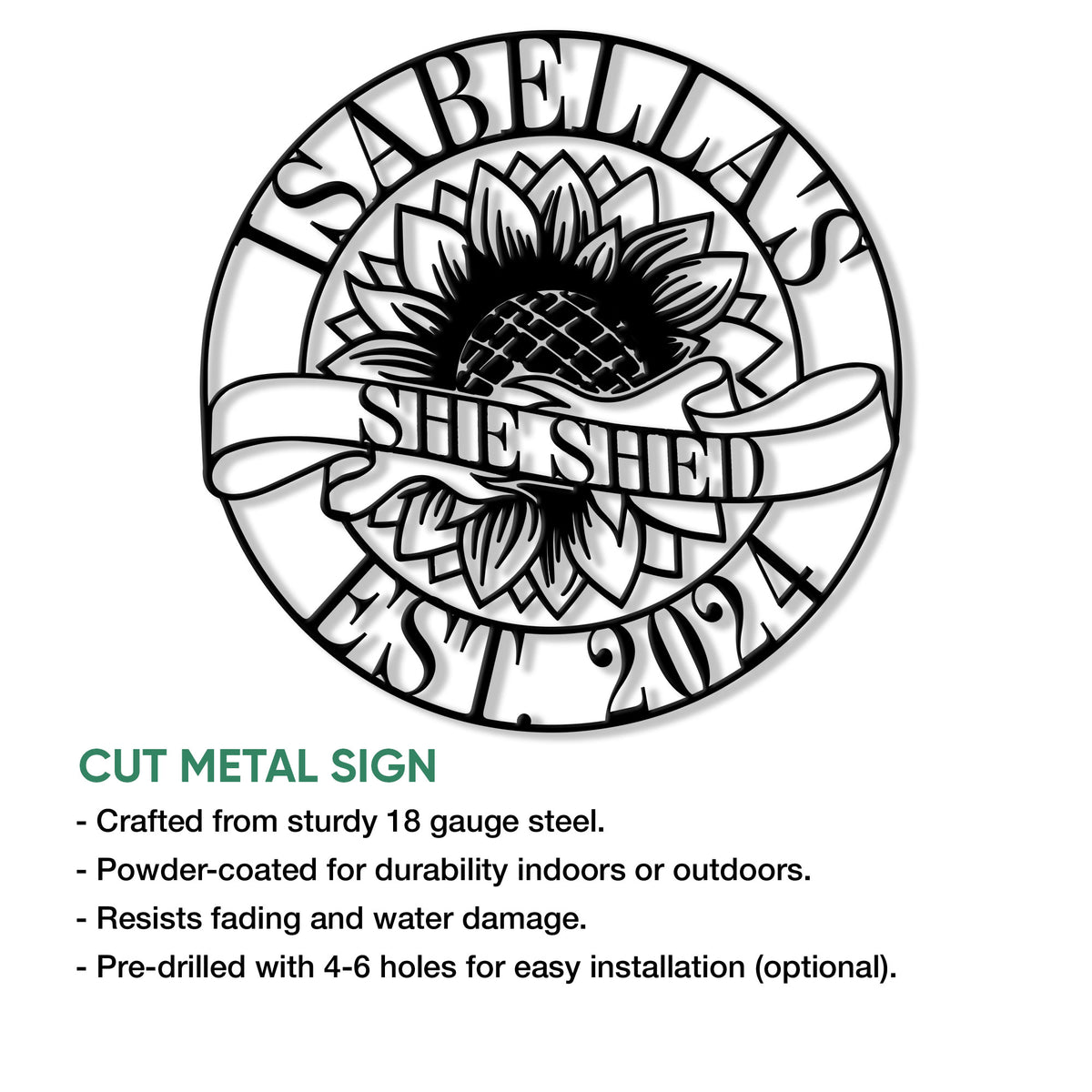 She Shed sunflower metal sign shown with cut-metal construction and indoor or outdoor display details