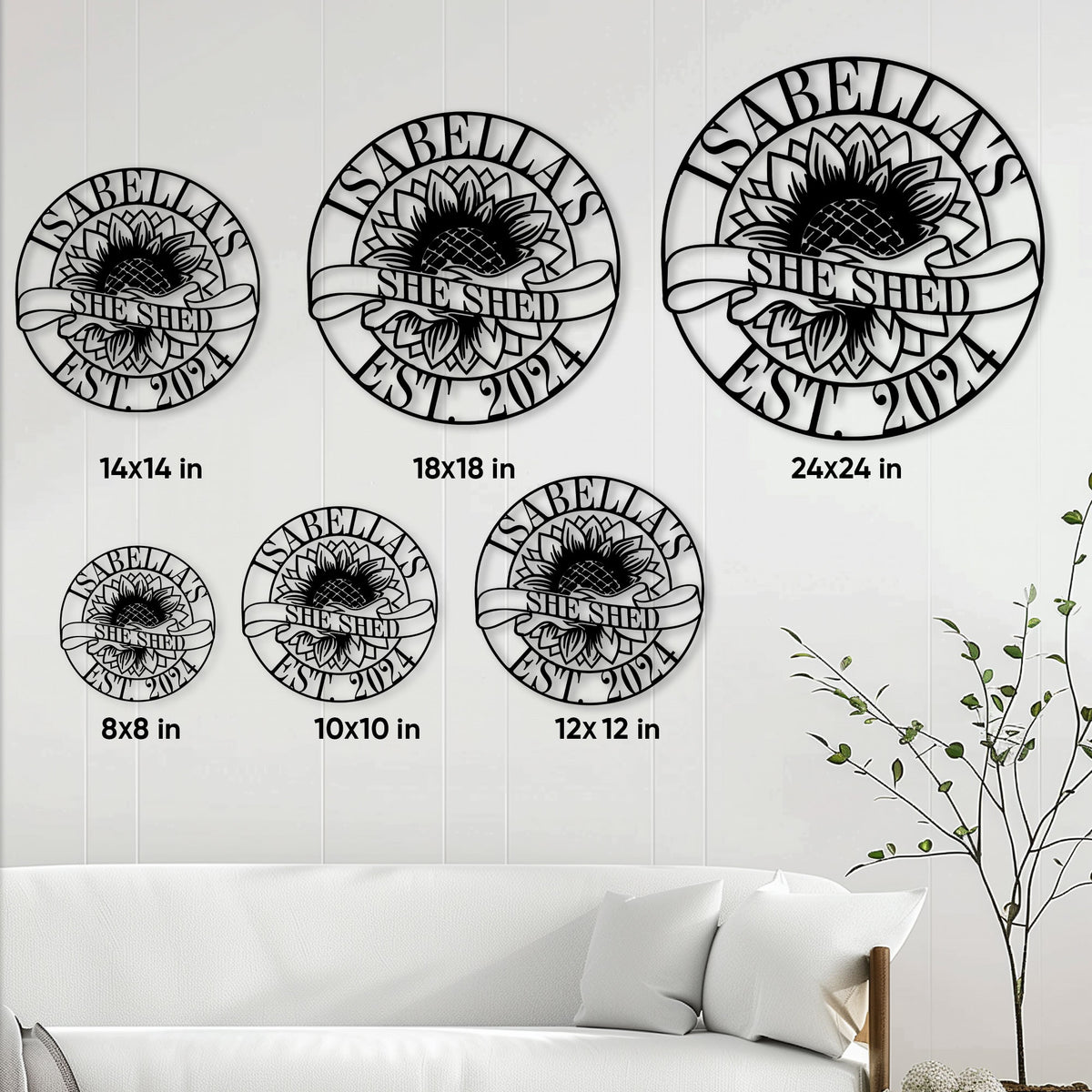 She Shed sunflower metal sign size guide showing options from 8 by 8 inches to 24 by 24 inches