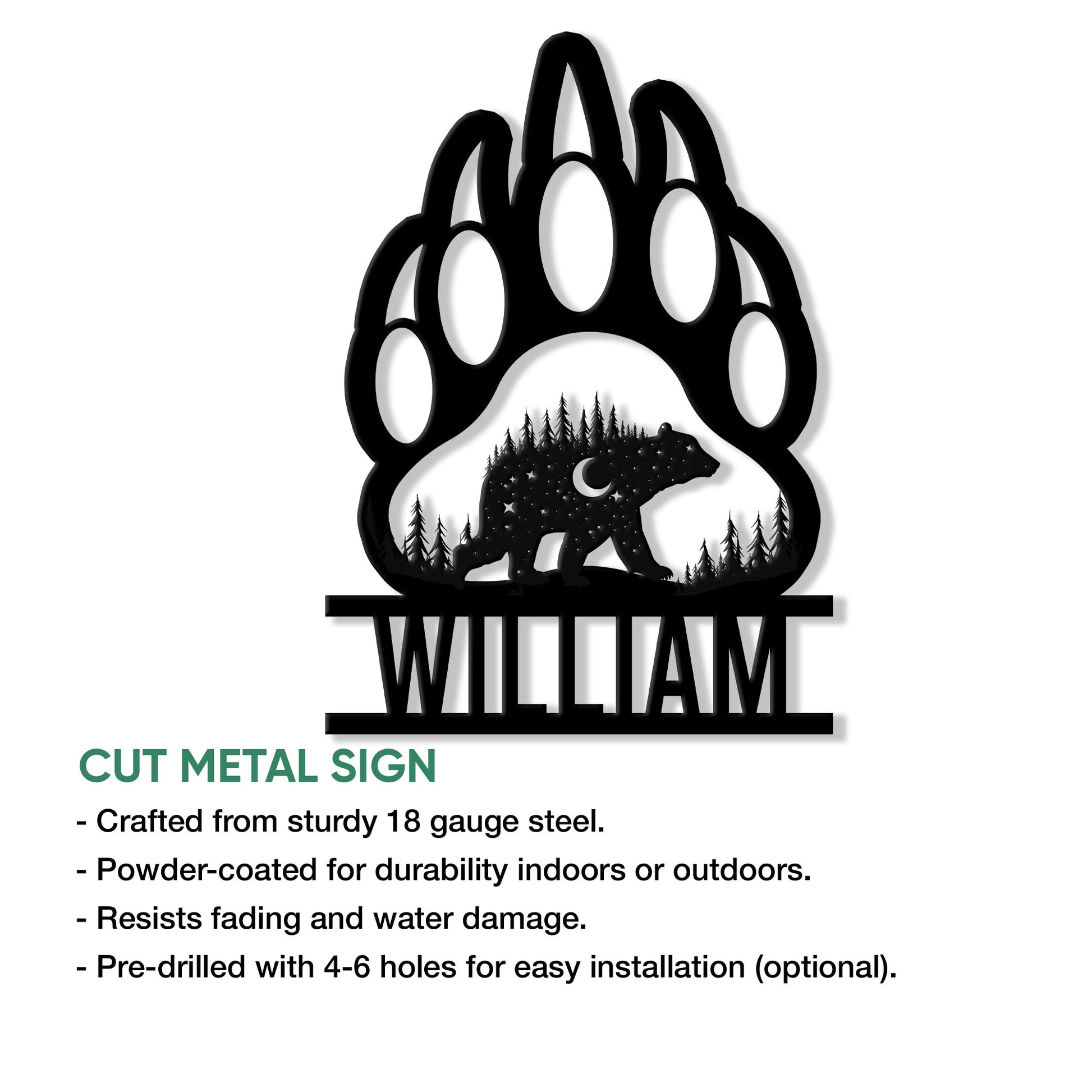 Bear paw cut metal sign feature graphic showing a starry bear in a forest scene