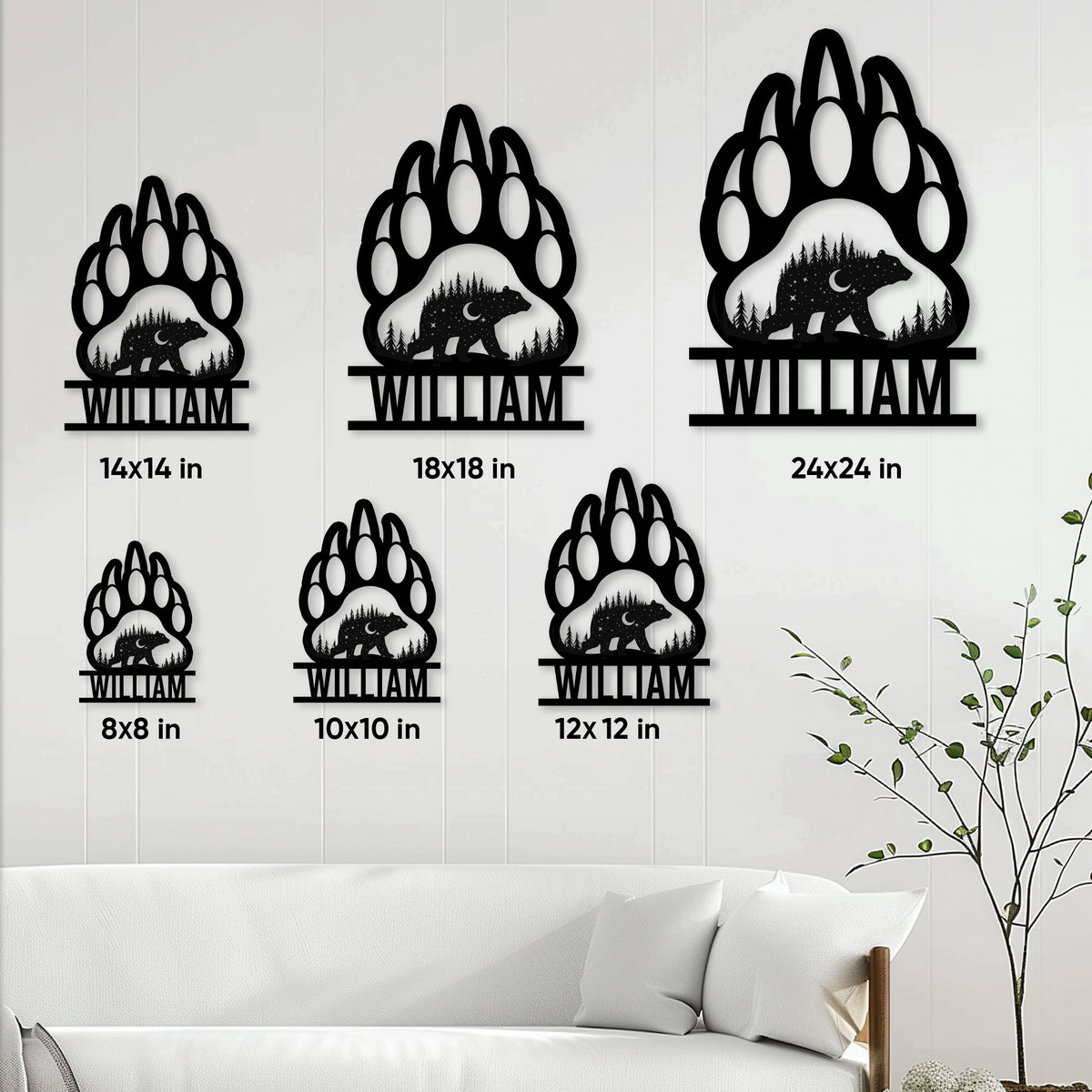 Bear paw metal sign size guide showing available sizes from 8 by 8 to 24 by 24 inches