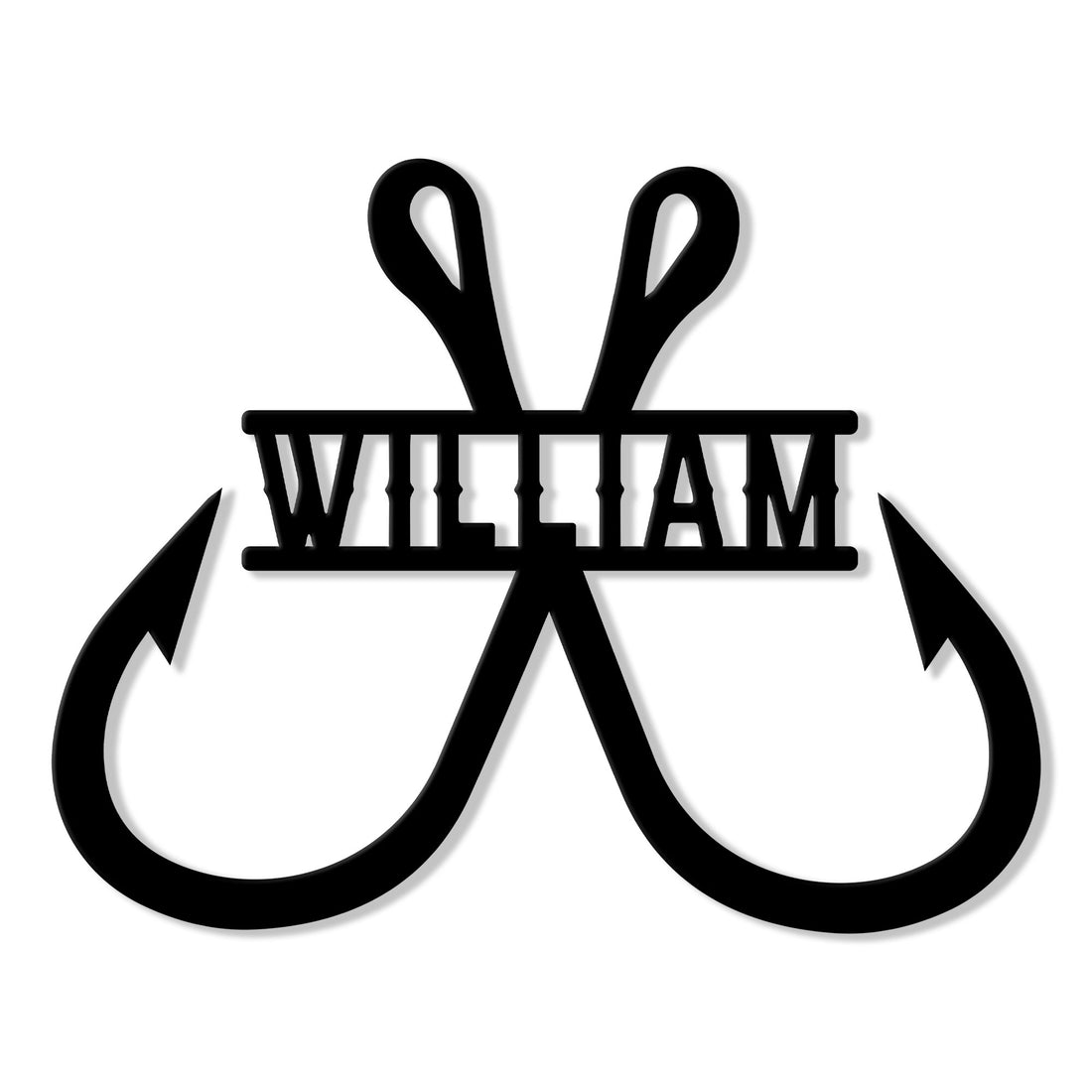 Black metal fishing sign featuring two crossed fish hooks in a bold silhouette design