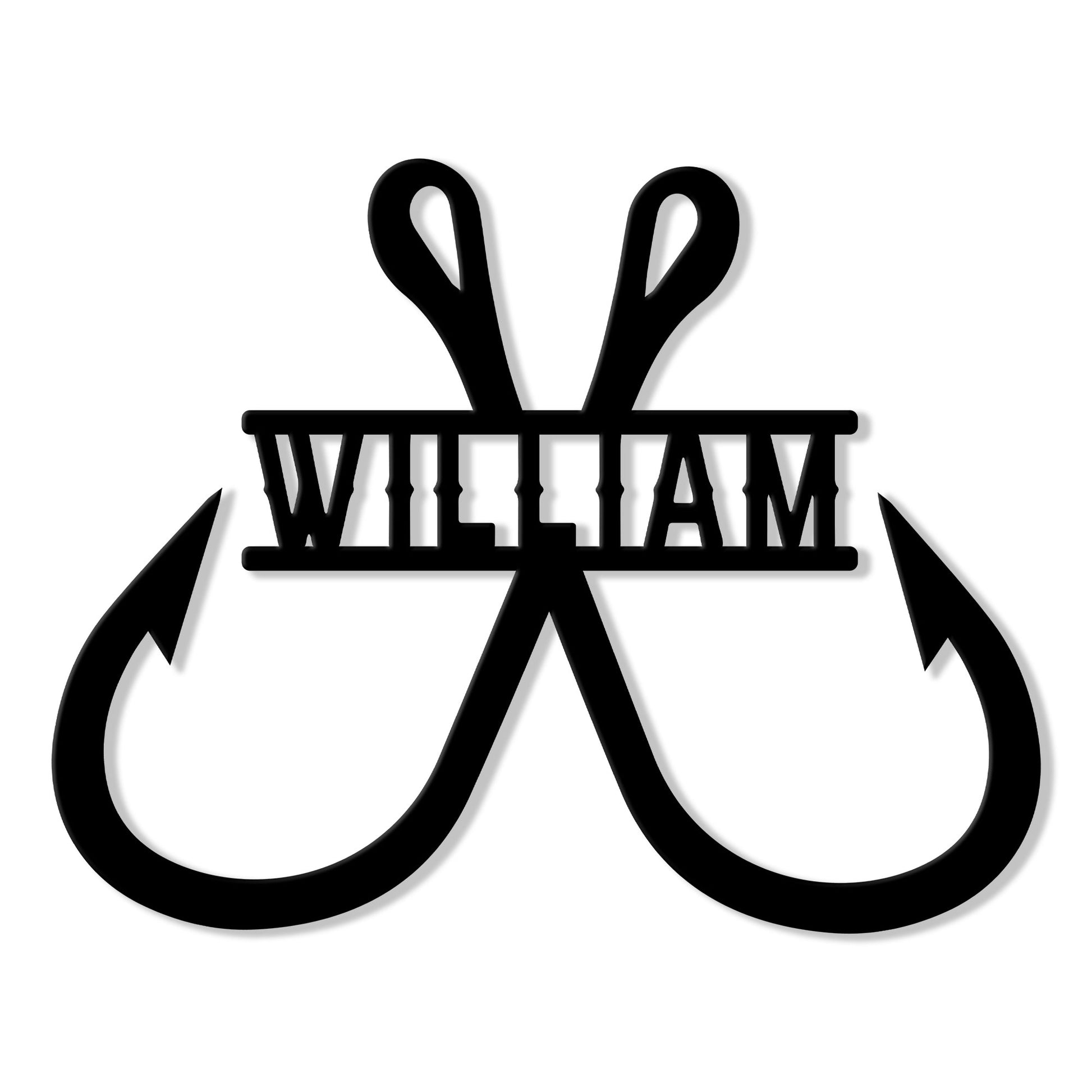 Black metal fishing sign featuring two crossed fish hooks in a bold silhouette design