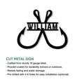 Fishing hook metal sign shown with cut-metal construction and indoor or outdoor display details