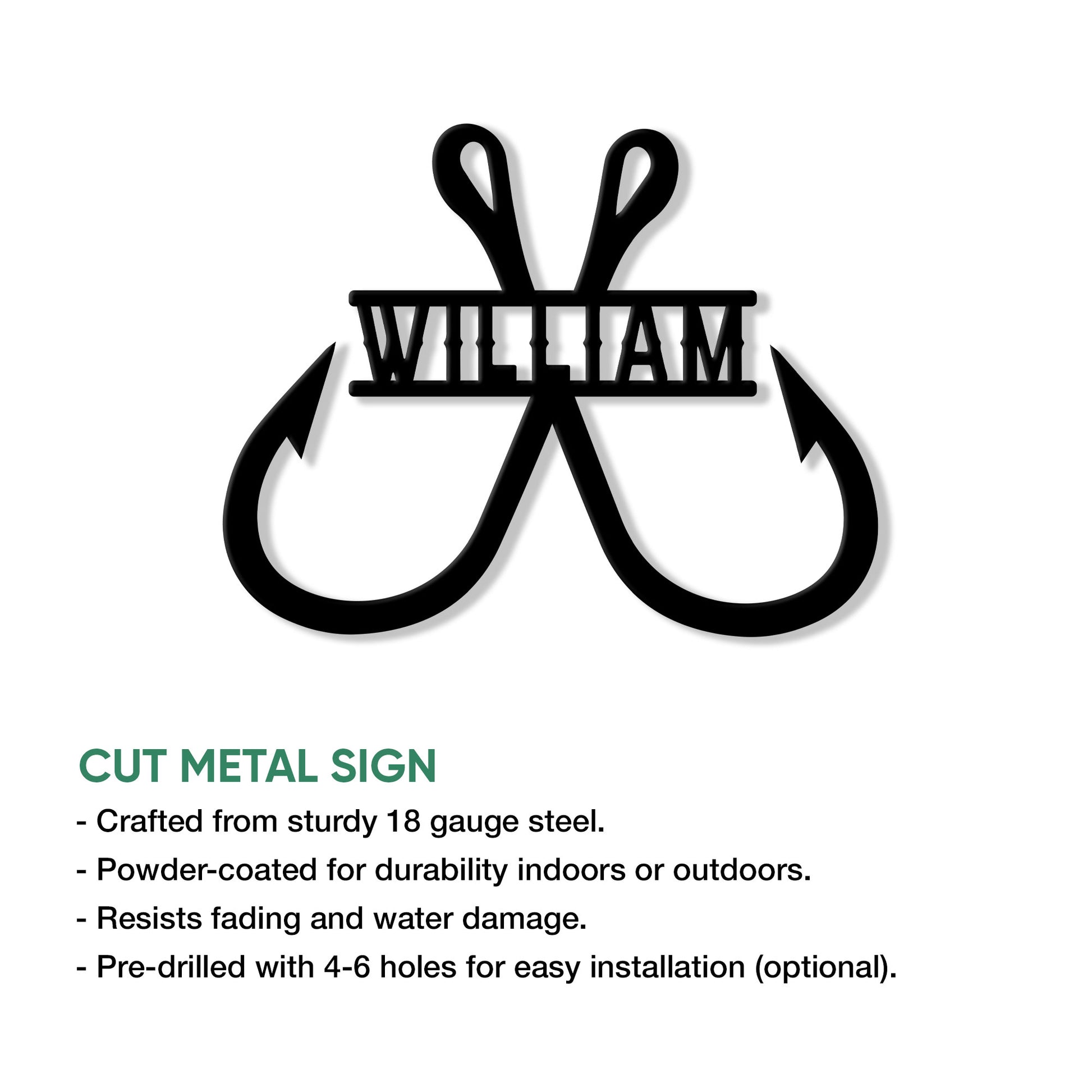 Fishing hook metal sign shown with cut-metal construction and indoor or outdoor display details