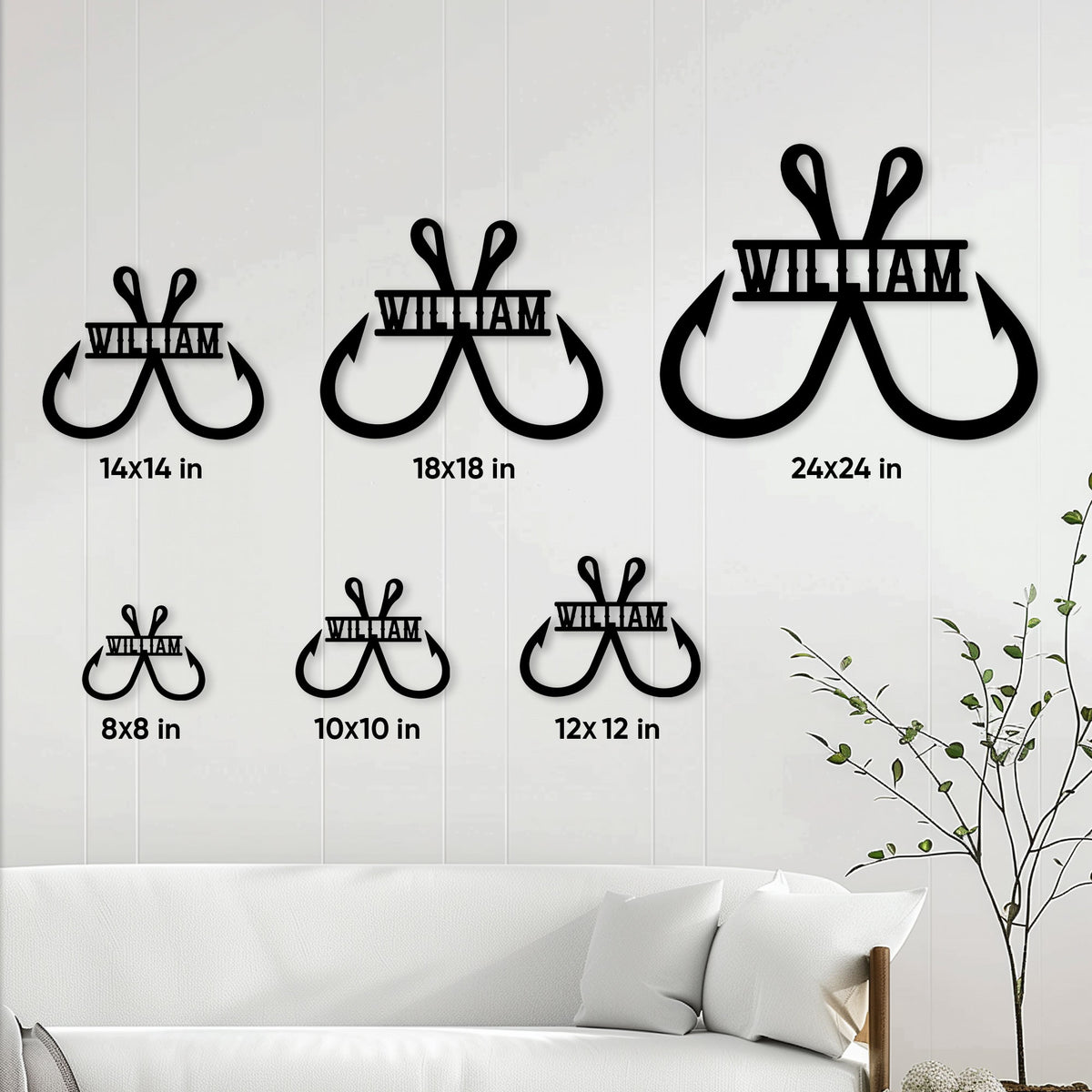 Fishing hook wall sign displayed in multiple size options from 8 by 8 to 24 by 24 inches
