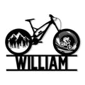 Custom mountain bike metal sign with a trail bike silhouette, forested mountain scene, and downhill cyclist design