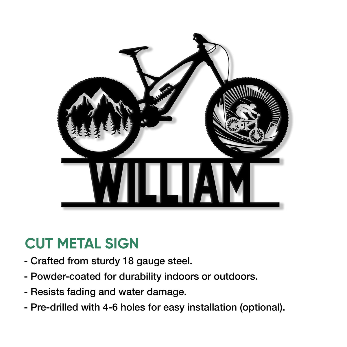 Mountain bike metal sign feature graphic showing bold cutout artwork and indoor or outdoor display use