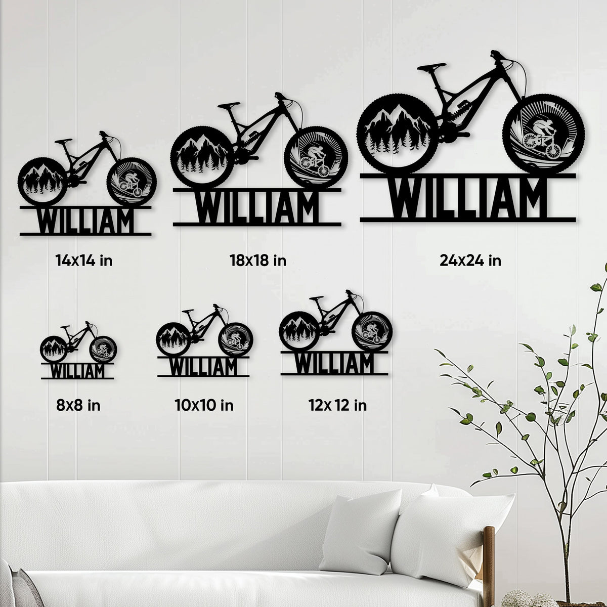 Mountain bike metal sign size guide showing available square sizes from 8 by 8 to 24 by 24 inches