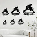 Wrestling metal sign size comparison shown in several scale options on a living room wall