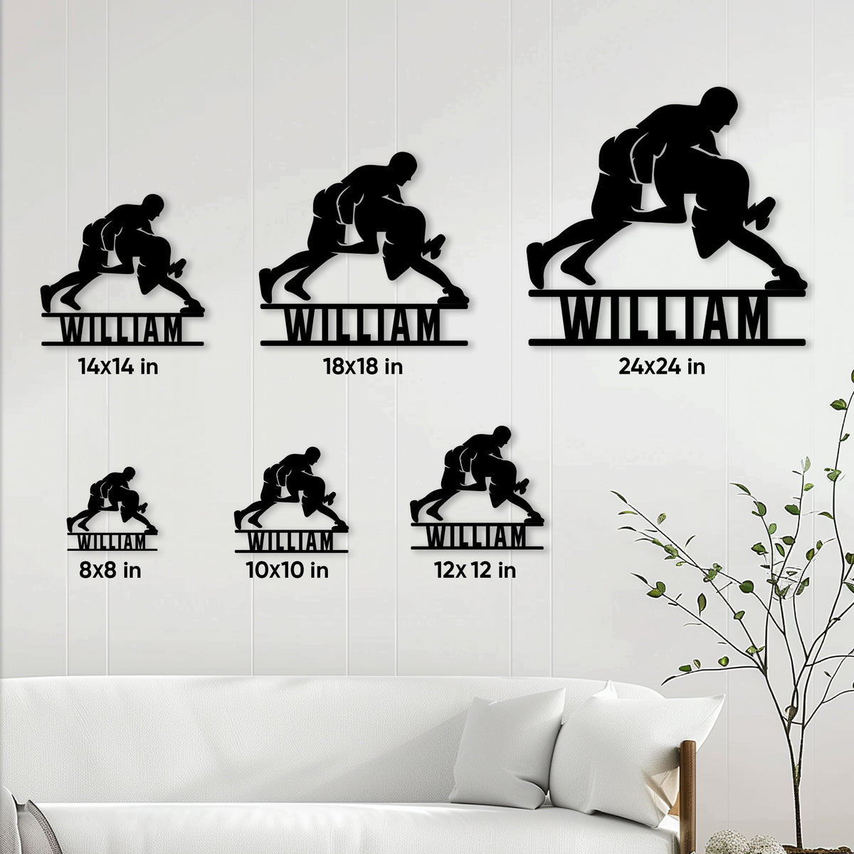 Wrestling metal sign size comparison shown in several scale options on a living room wall