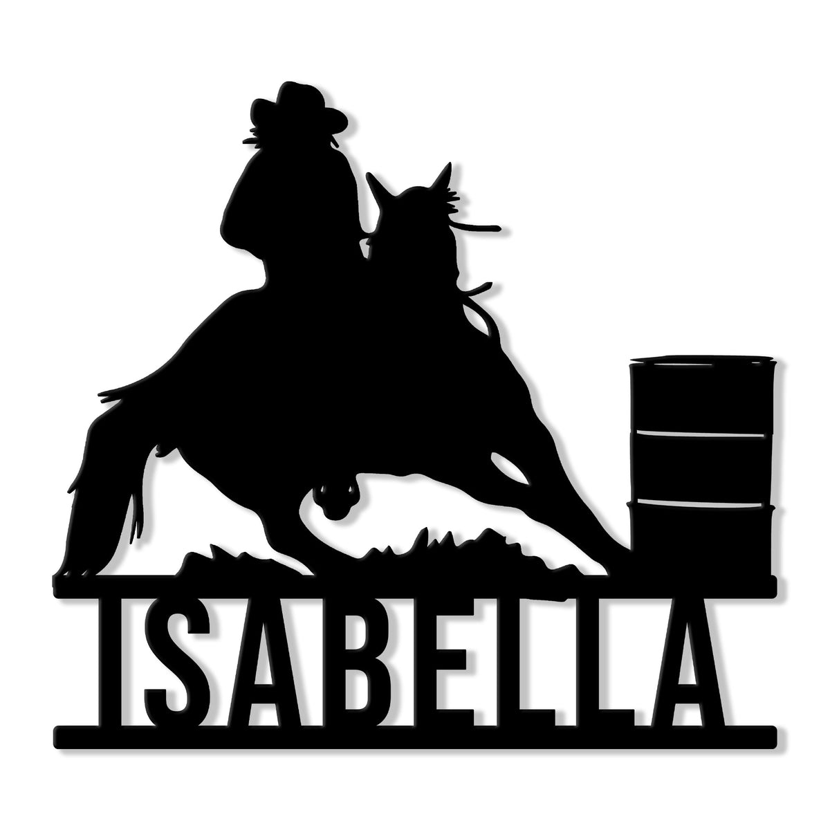 Black metal sign featuring a barrel racing rider and horse rounding a barrel in bold silhouette style