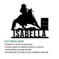 Barrel racing cut metal sign shown with product feature and installation information