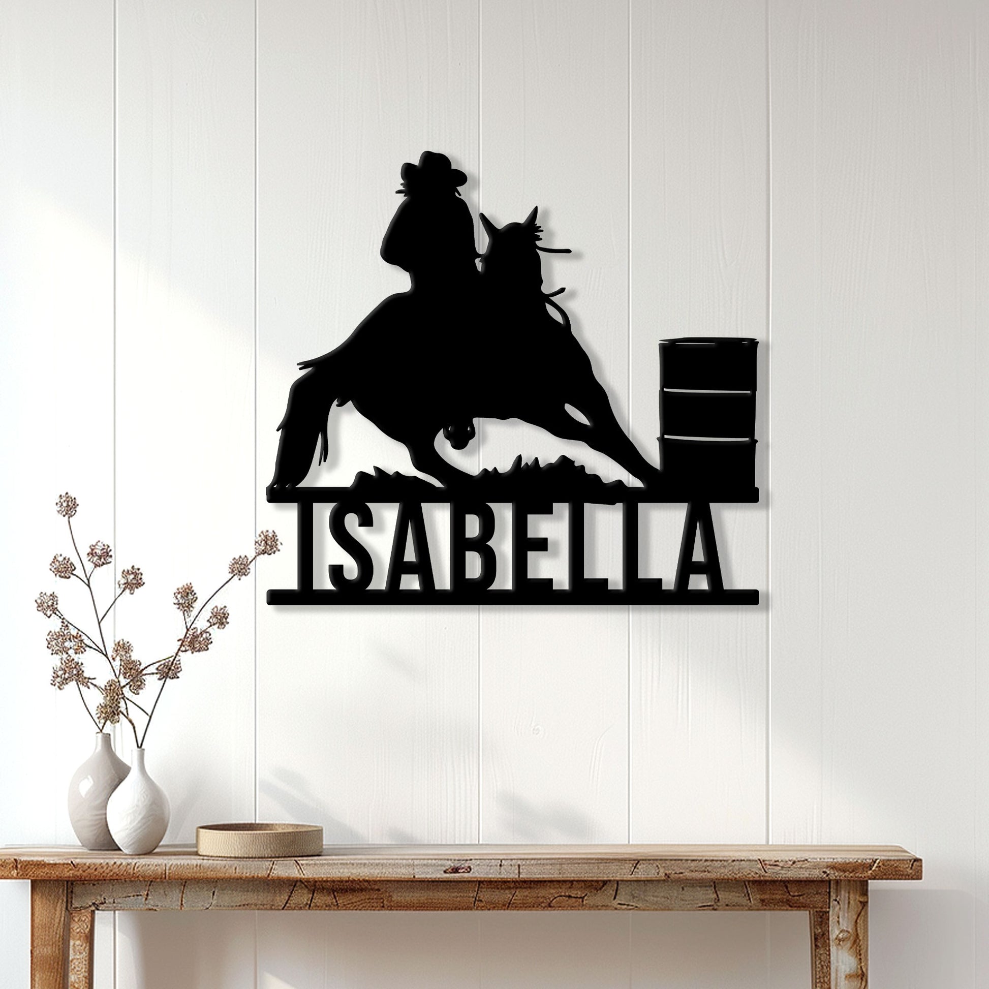 Barrel racing horse and rider metal sign displayed as equestrian wall decor in a bright home