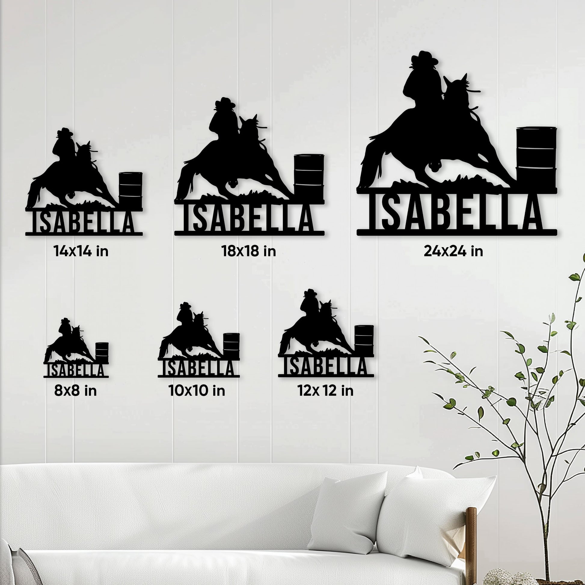 Barrel racing metal sign size comparison guide showing multiple square size options