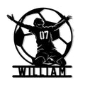 Custom soccer metal sign featuring a dramatic goalkeeper silhouette inside a soccer ball
