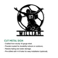 Soccer goalkeeper metal sign shown with cut-metal construction and indoor or outdoor display details