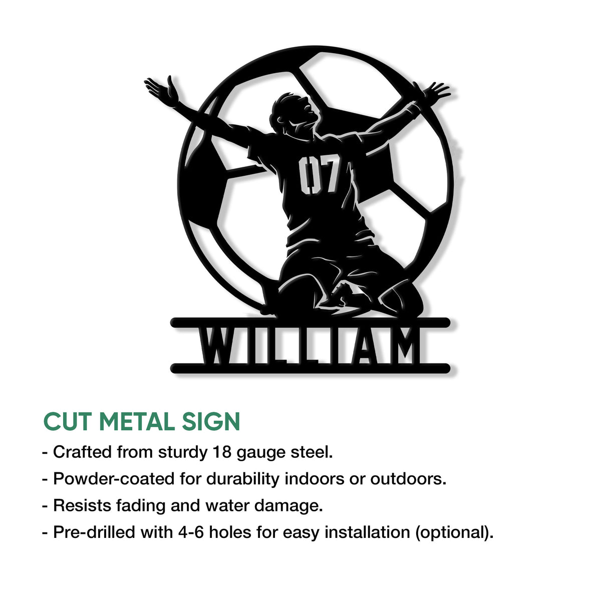 Soccer goalkeeper metal sign shown with cut-metal construction and indoor or outdoor display details