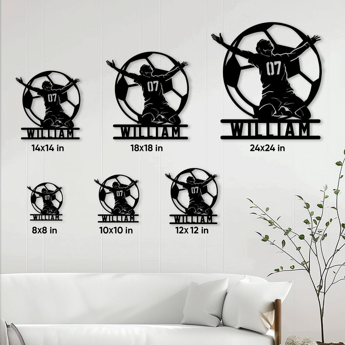 Soccer goalkeeper metal sign size guide showing options from 8 by 8 inches to 24 by 24 inches