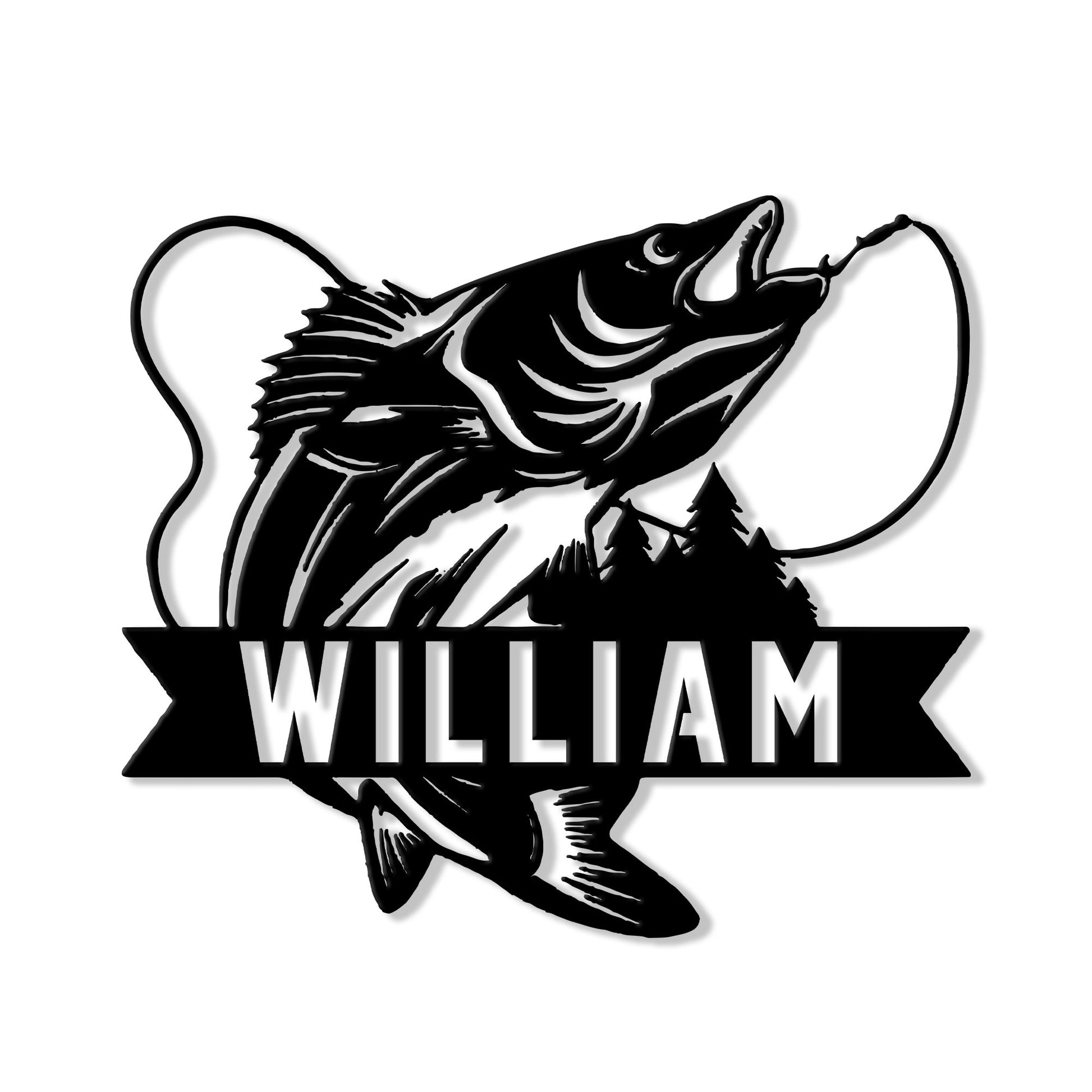 Custom fishing metal sign featuring a leaping fish, curved fishing line, pine trees, and bold banner design