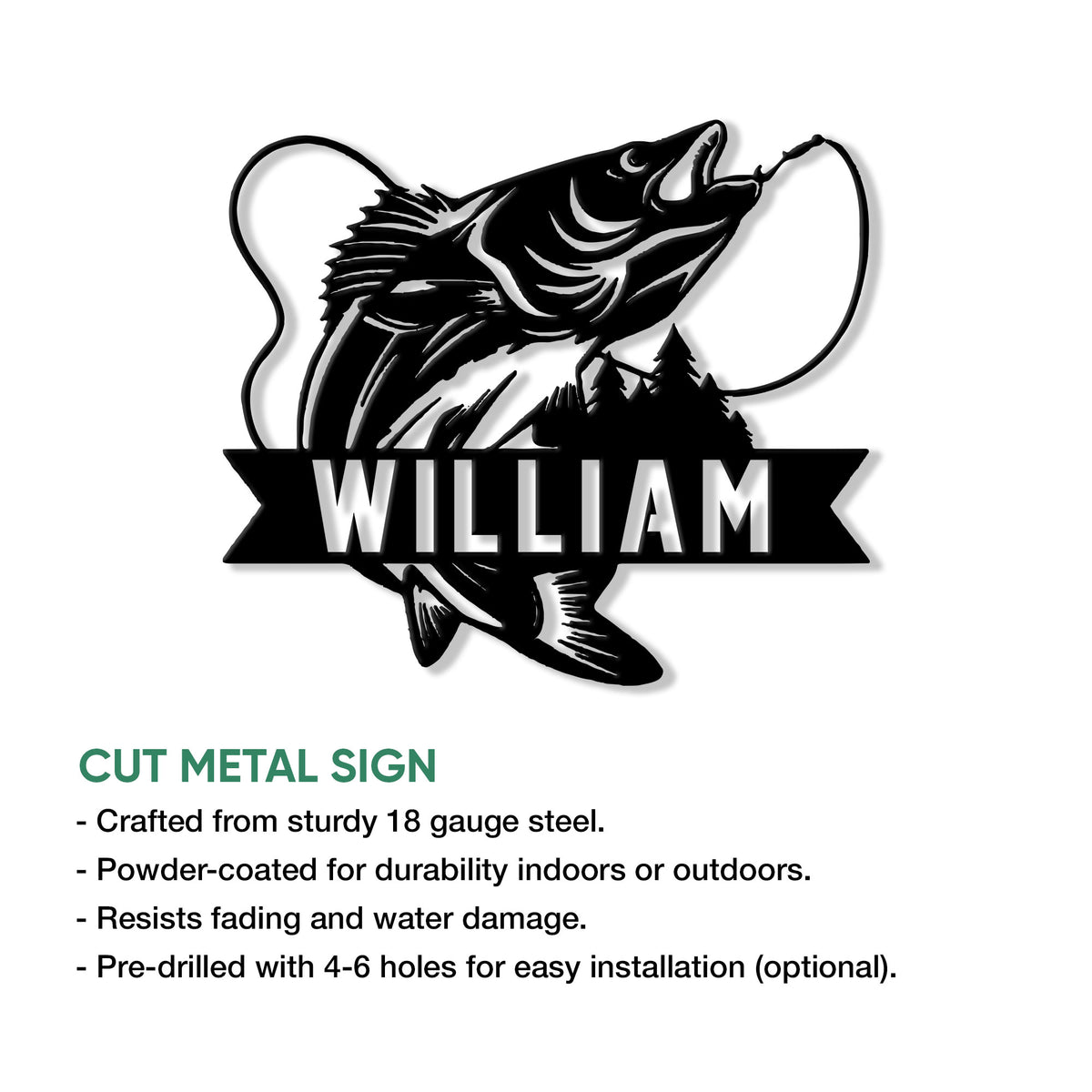 Fishing metal sign featuring a detailed leaping fish silhouette with a curved line and woodland accents