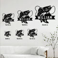 Fishing metal sign size guide showing multiple square size options in a bright living room setting