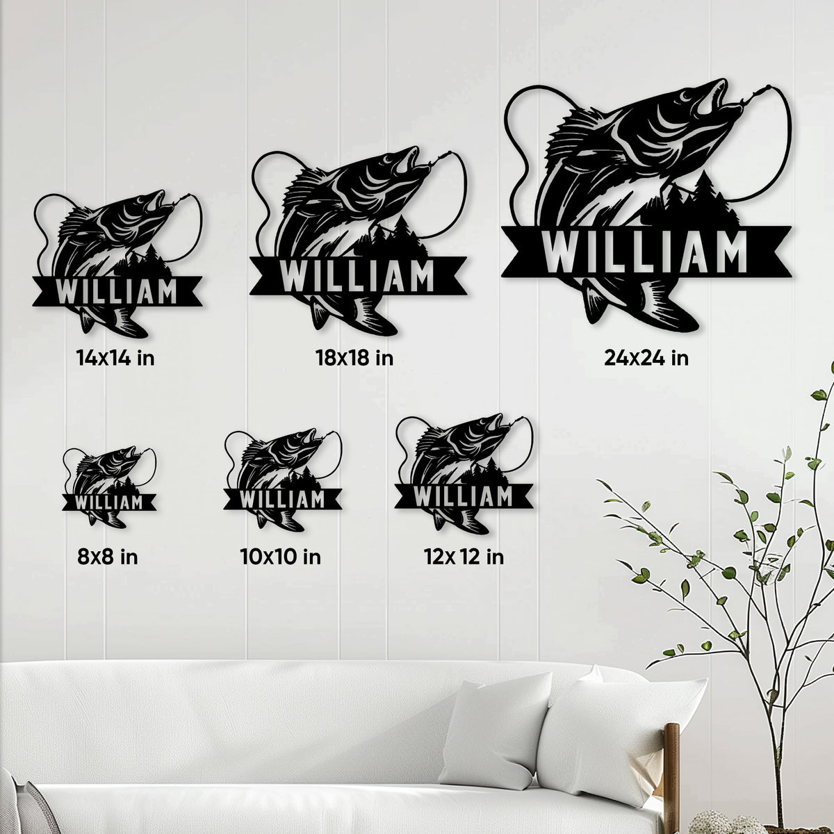 Fishing metal sign size guide showing multiple square size options in a bright living room setting
