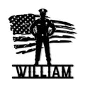 Custom police officer metal sign with a standing law enforcement silhouette over a distressed American flag