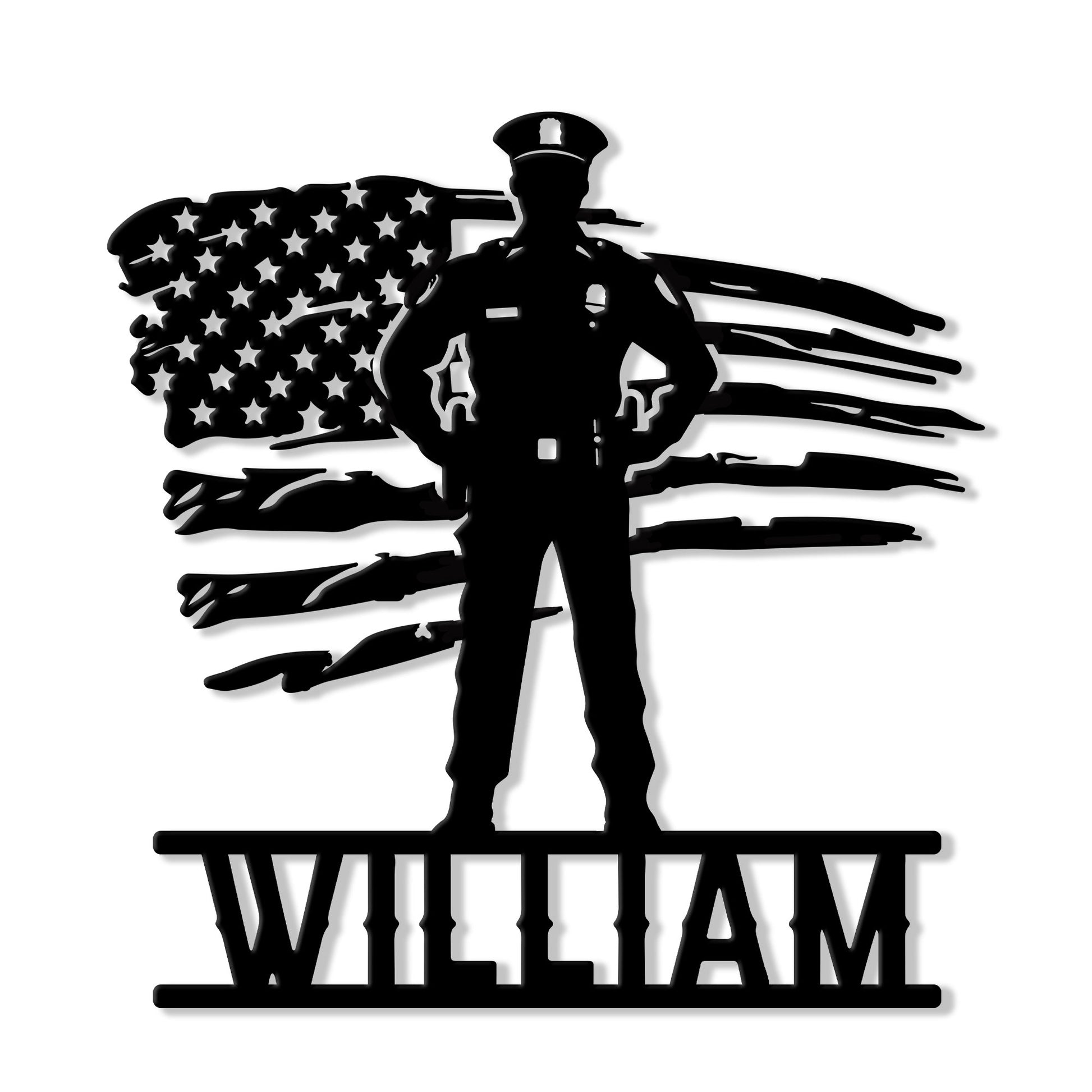 Custom police officer metal sign with a standing law enforcement silhouette over a distressed American flag