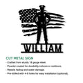 Police officer cut metal sign featuring a law enforcement silhouette and distressed American flag design
