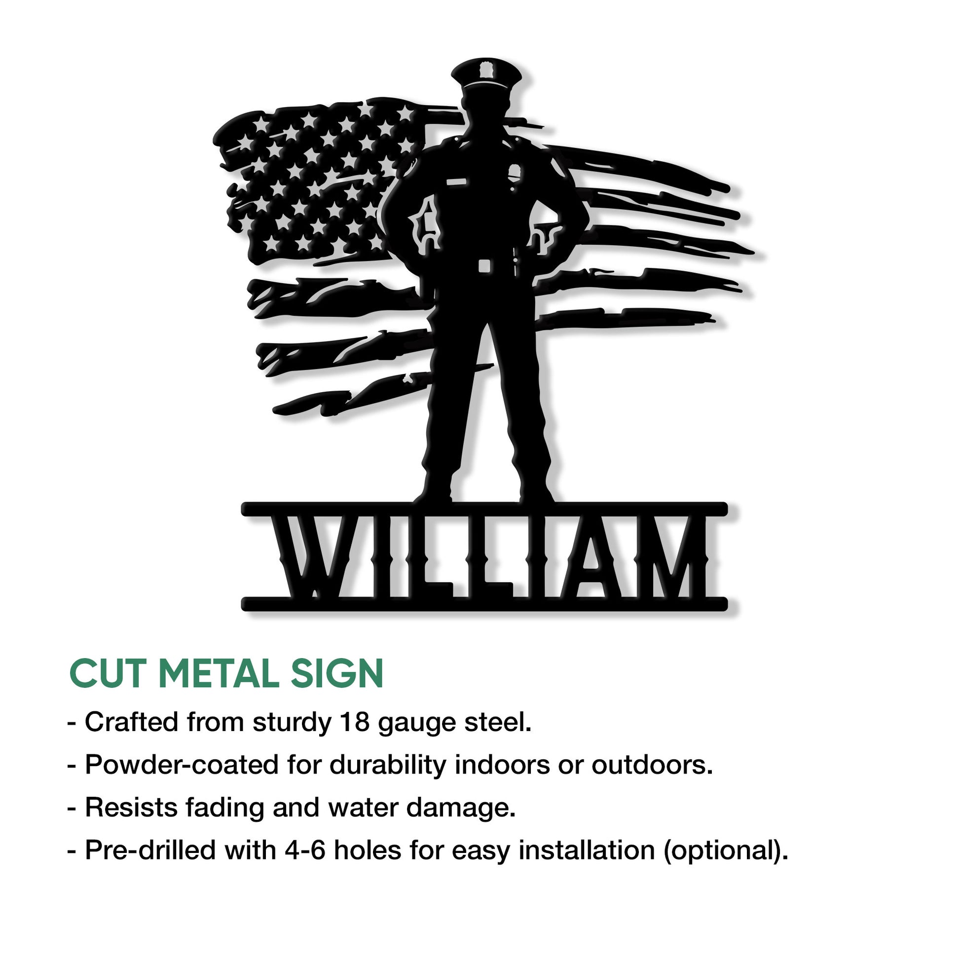 Police officer cut metal sign featuring a law enforcement silhouette and distressed American flag design
