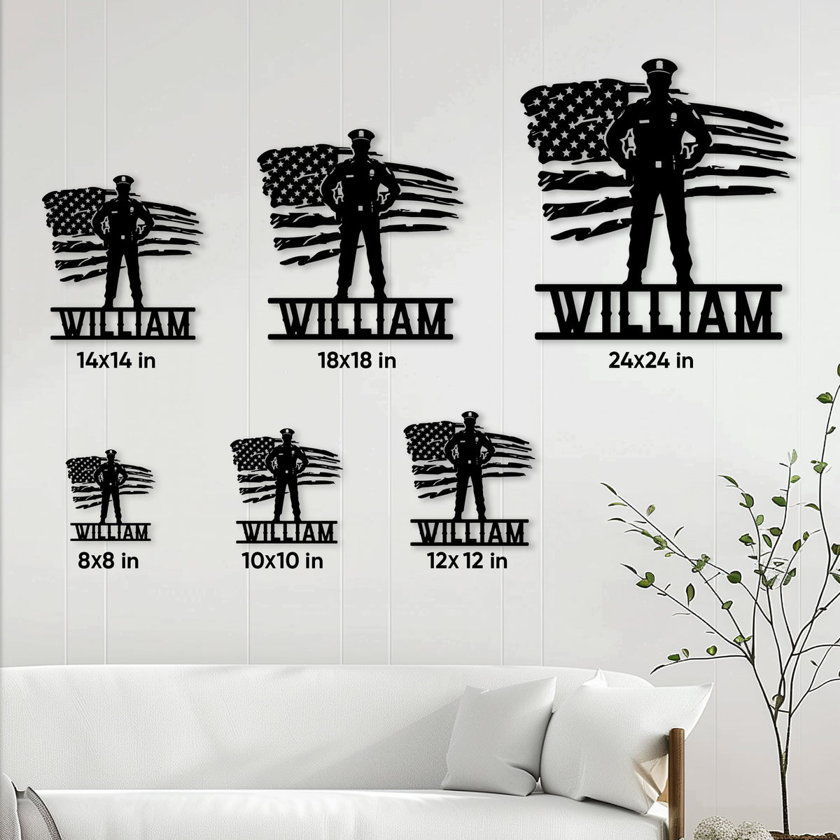 Police officer metal sign size guide showing six available square size options from 8 by 8 to 24 by 24 inches