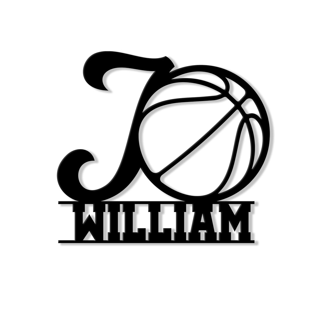 Custom basketball metal sign featuring a bold basketball silhouette and artistic script-style design