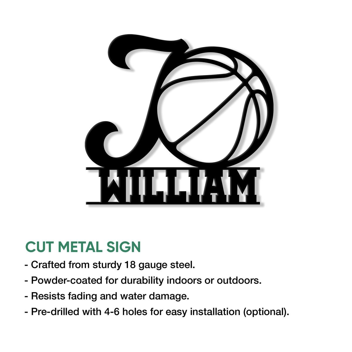 Basketball metal sign feature graphic highlighting the cut-metal design and display options