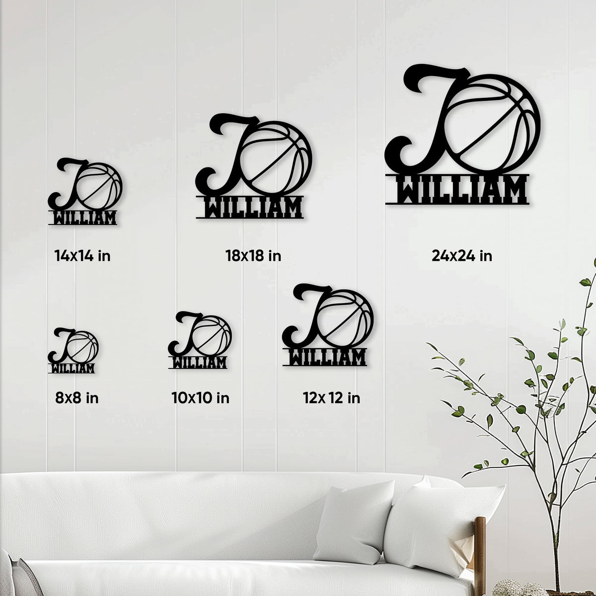 Basketball metal sign size guide showing available square dimensions from 8 by 8 to 24 by 24 inches