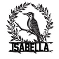 Black metal sign featuring a detailed woodpecker perched on a branch inside a leafy wreath