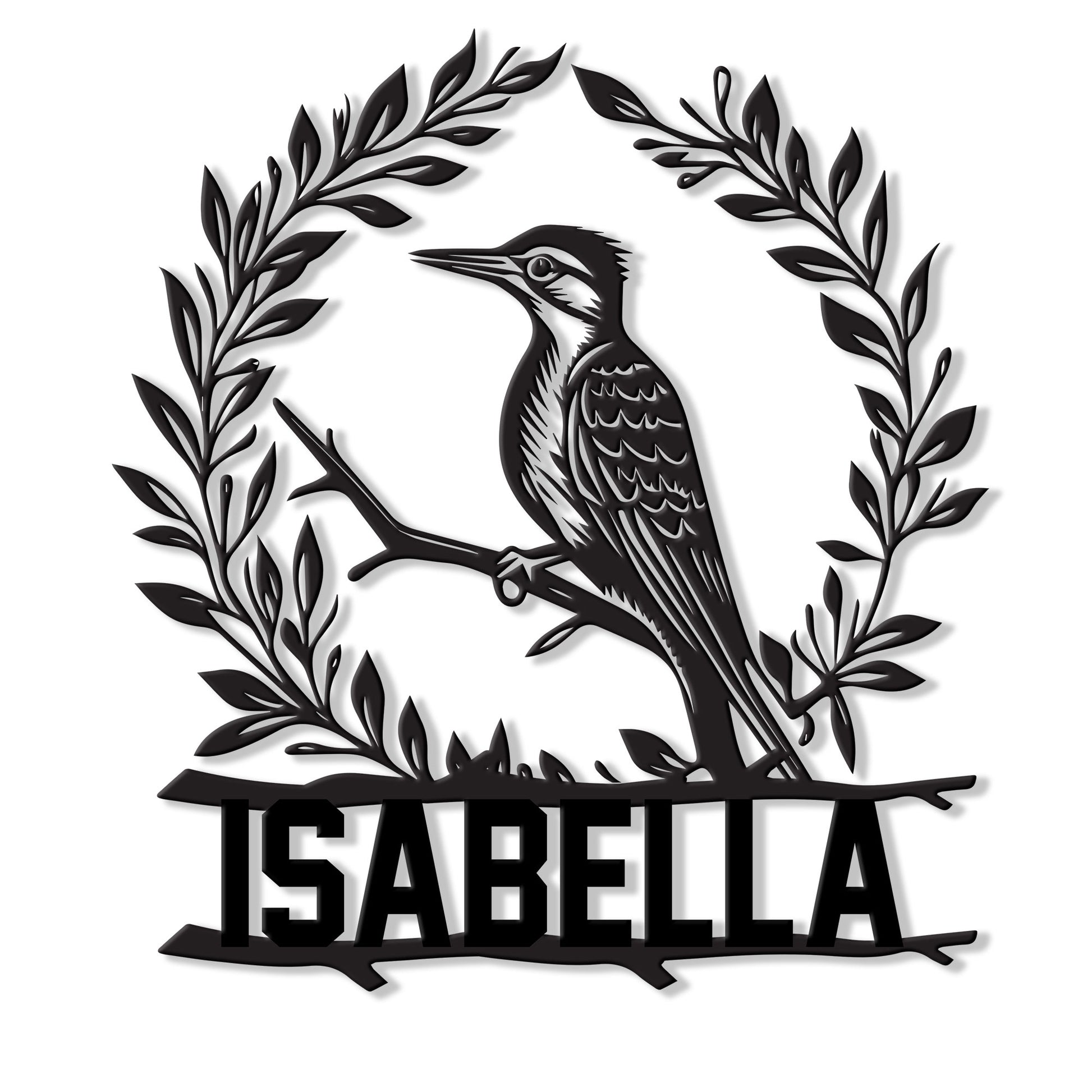 Black metal sign featuring a detailed woodpecker perched on a branch inside a leafy wreath