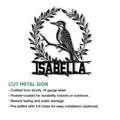 Woodpecker cut metal sign shown with product feature details and installation guidance