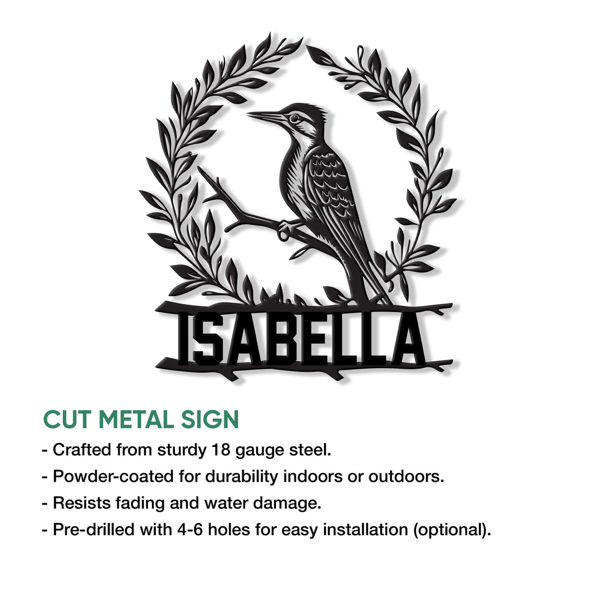 Woodpecker cut metal sign shown with product feature details and installation guidance