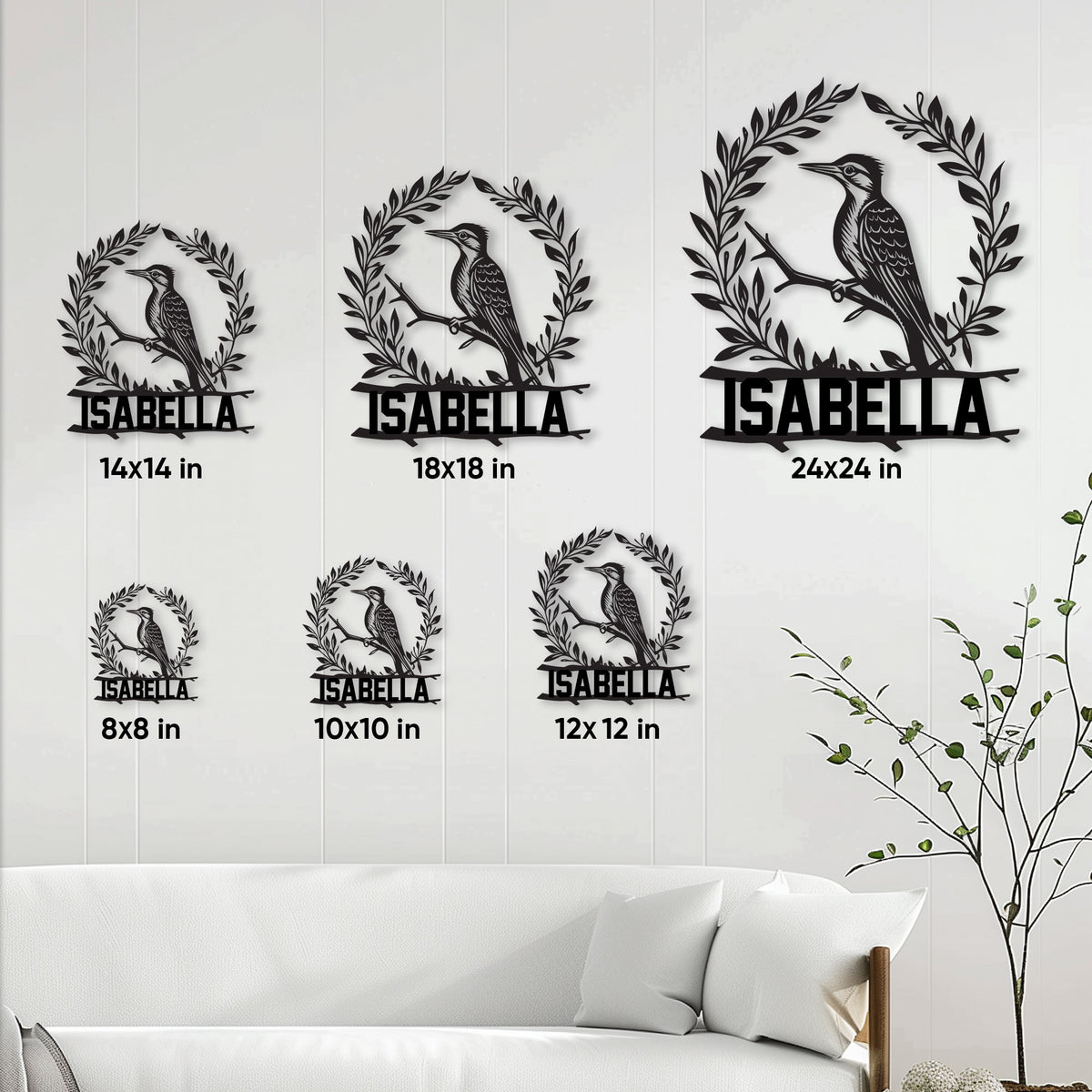 Woodpecker wall sign shown in multiple size options within a bright living room setting