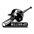 Custom baseball metal sign featuring a batting helmet, crossed bats, baseball, and bold sports silhouette
