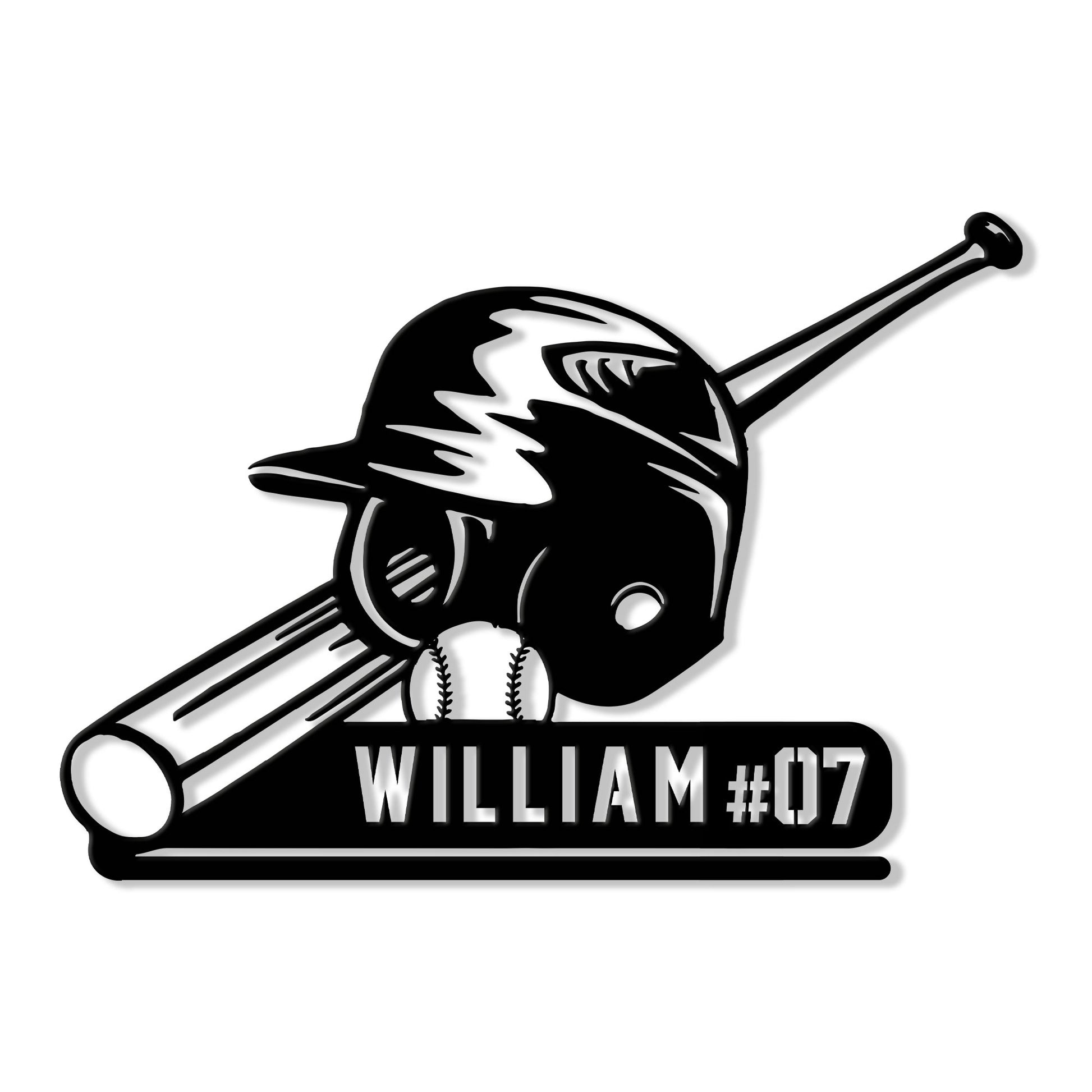 Custom baseball metal sign featuring a batting helmet, crossed bats, baseball, and bold sports silhouette